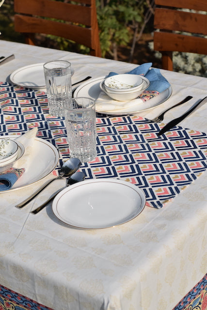 Blue Geometric Cotton Canvas Runner